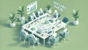 Minimalistisk 2D-illustration av Wasabi Webs team som arbetar med SEO-optimering, med element som diagram, en datorskärm med analys och ett förstoringsglas i pastellfärger