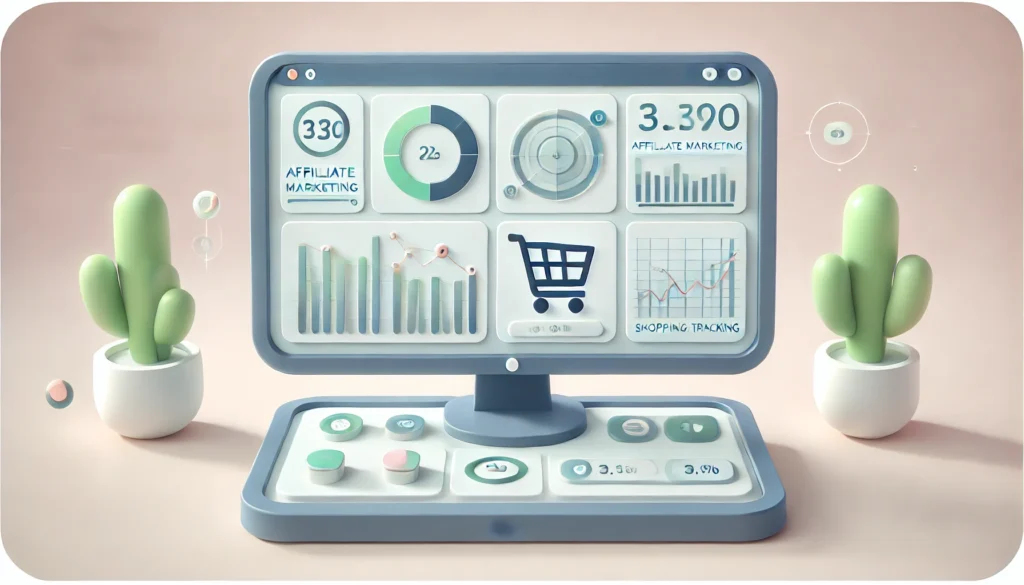 Minimalistisk 2D-illustration av en affiliate-marknadsföringsdashboard, med grafer, diagram och en shoppingkorgsikon i pastellfärger som blått och grönt