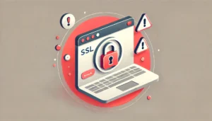 Minimalistisk 2D-illustration som representerar Swedbank och SSL-fel, med ett banksymbolinspirerat motiv, en varningstriangel och en SSL-låsikon i pastellfärger