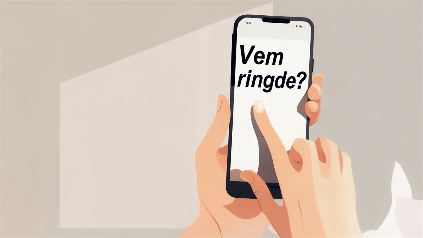 Smartphoneskärm med ett okänt telefonnummer som söks upp, med texten 'Vem ringde' på skärmen